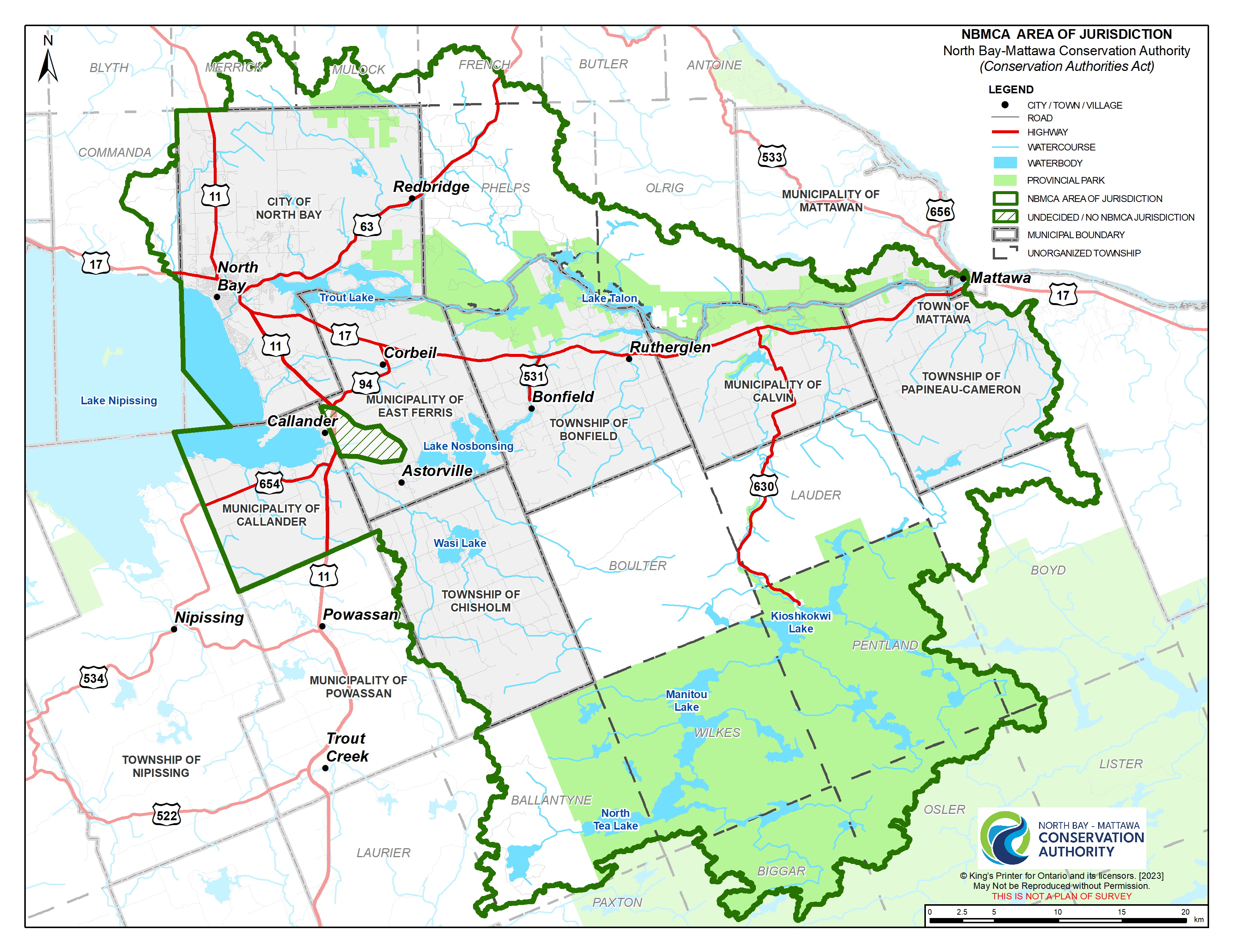map showing the areas of jurisdiction that are within North Bay-Mattawa Conservation Authority's area.  Map also shows all the lakes and rivers in the area
